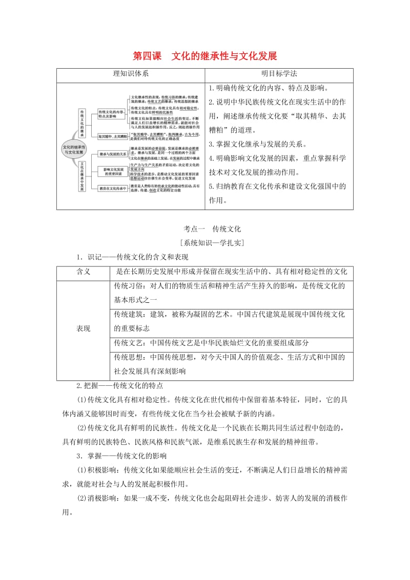 （江苏专版）2020版高考政治一轮复习 第二单元 文化传承与创新 第四课 文化的继承性与文化发展讲义 新人教版必修3.doc_第1页