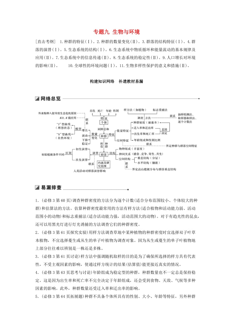 通用版2019版高考生物二轮复习专题九生物与环境构建知识网络补遗教材易漏学案.doc_第1页