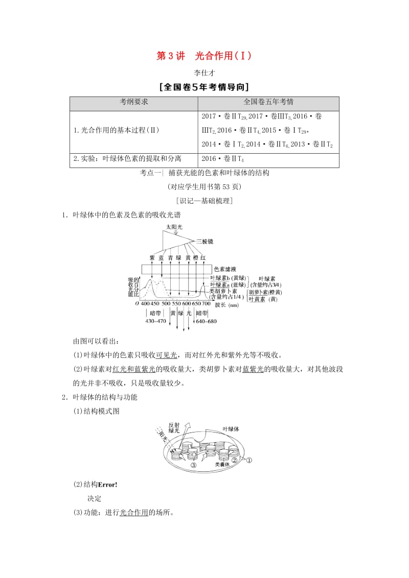 山东省2019高考生物 第3单元 细胞的能量供应和利用（3）光合作用（Ⅰ）导学案（含解析）新人教版必修1.doc_第1页