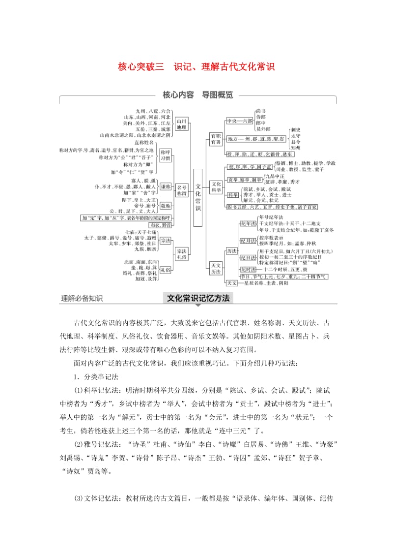 （江苏专用）2020版高考语文新增分大一轮复习 第三章 文言文阅读 专题三 核心突破三识记、理解古代文化常识讲义（含解析）.docx_第1页