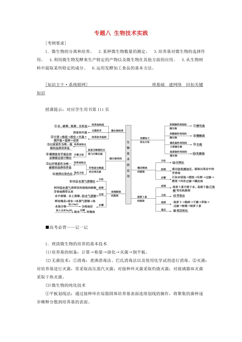 2019高考生物二轮复习 专题八 生物技术实践学案.doc_第1页