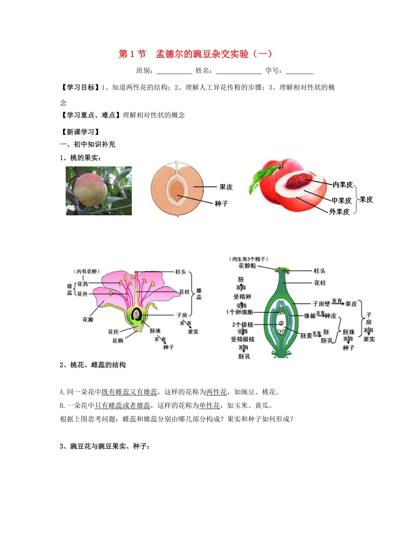 广东省佛山市高中生物 第1章 遗传因子的发现 第1节 孟德尔的豌豆杂交试验（一）（1）导学案 新人教版必修2.doc_第1页