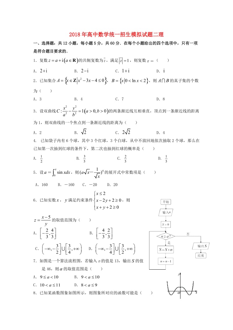 2018年高中数学统一招生模拟试题二理.doc_第1页