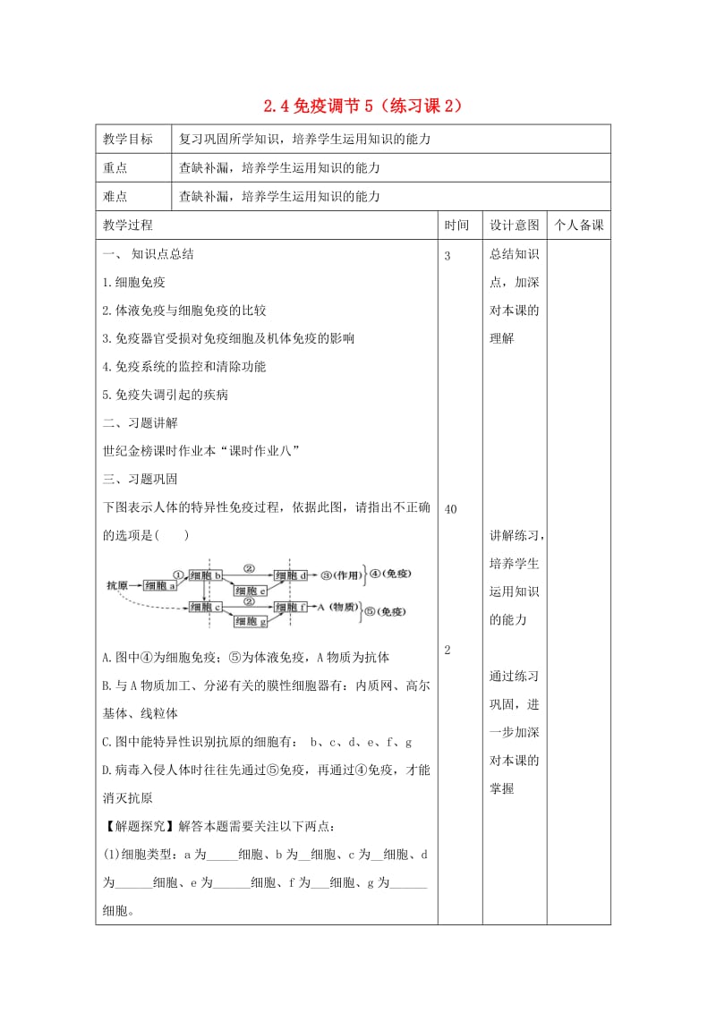 江西省万载县高中生物 第2章 动物和人体生命活动的调节 2.4 免疫调节5（练习课2）教案 新人教版必修3.doc_第1页