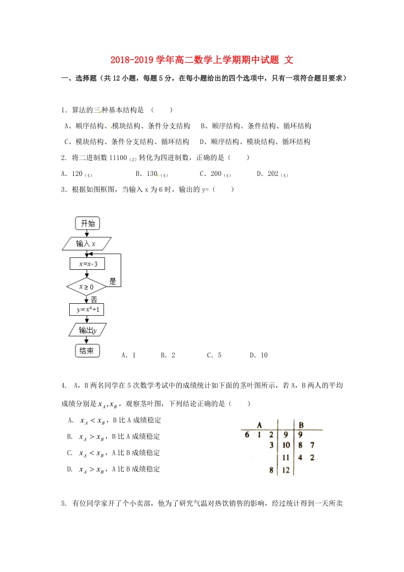 2018-2019学年高二数学上学期期中试题 文.doc_第1页