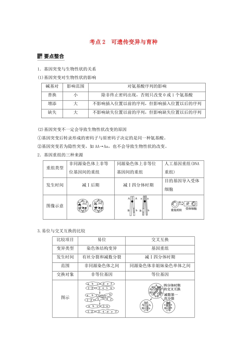 全国通用版2019高考生物二轮复习专题四遗传的分子基础变异与进化考点2可遗传变异与育种学案.doc_第1页