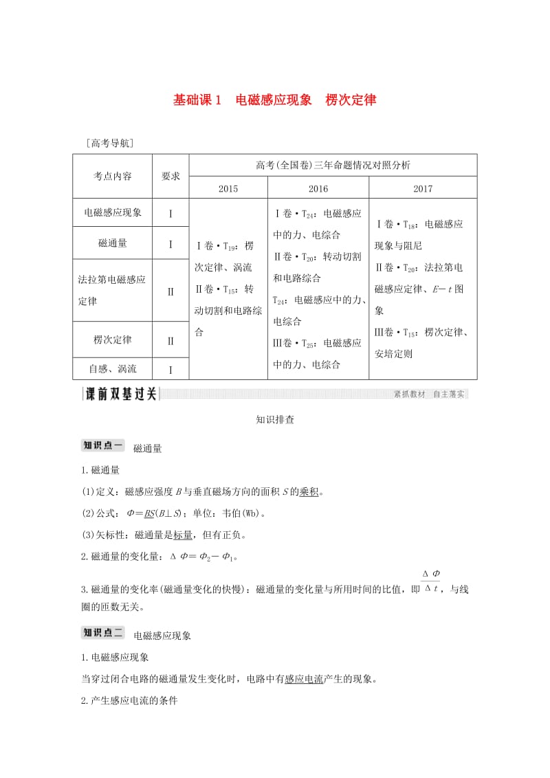 2019版高考物理总复习 第十章 电磁感应 基础课1 电磁感应现象 楞次定律学案.doc_第1页