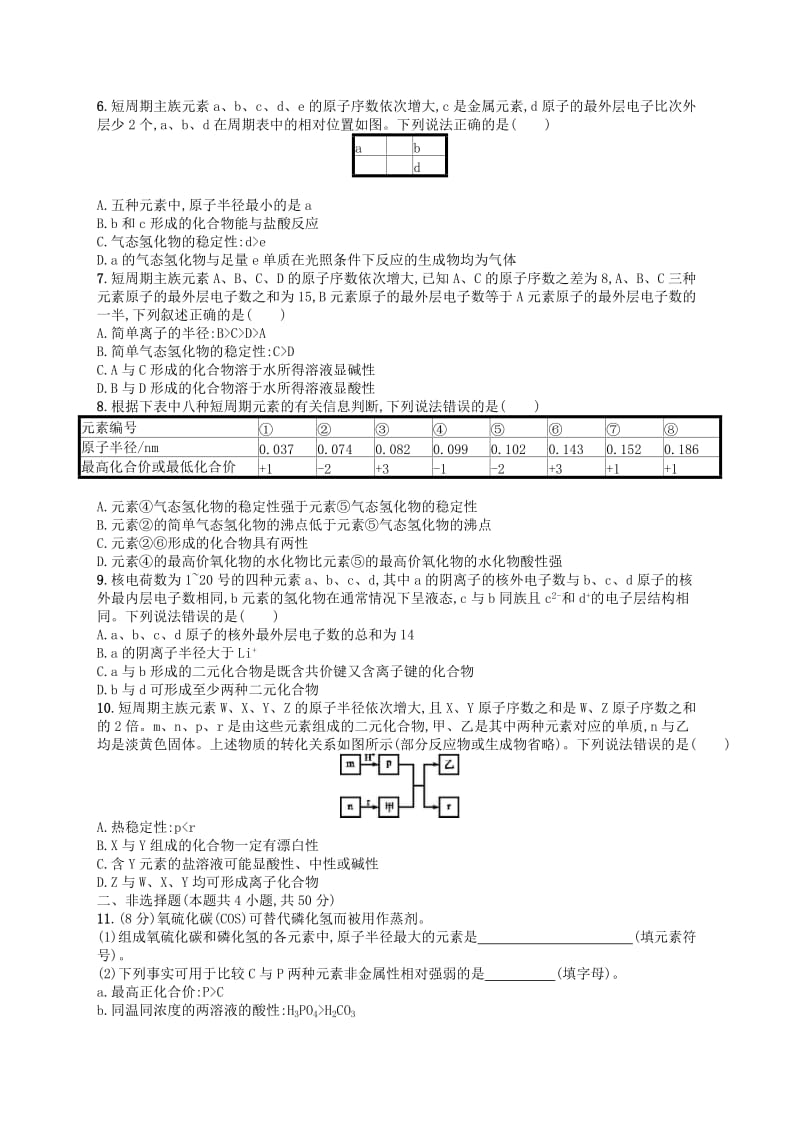 广西2019年高考化学一轮复习考点规范练15元素周期表元素周期律新人教版.docx_第2页