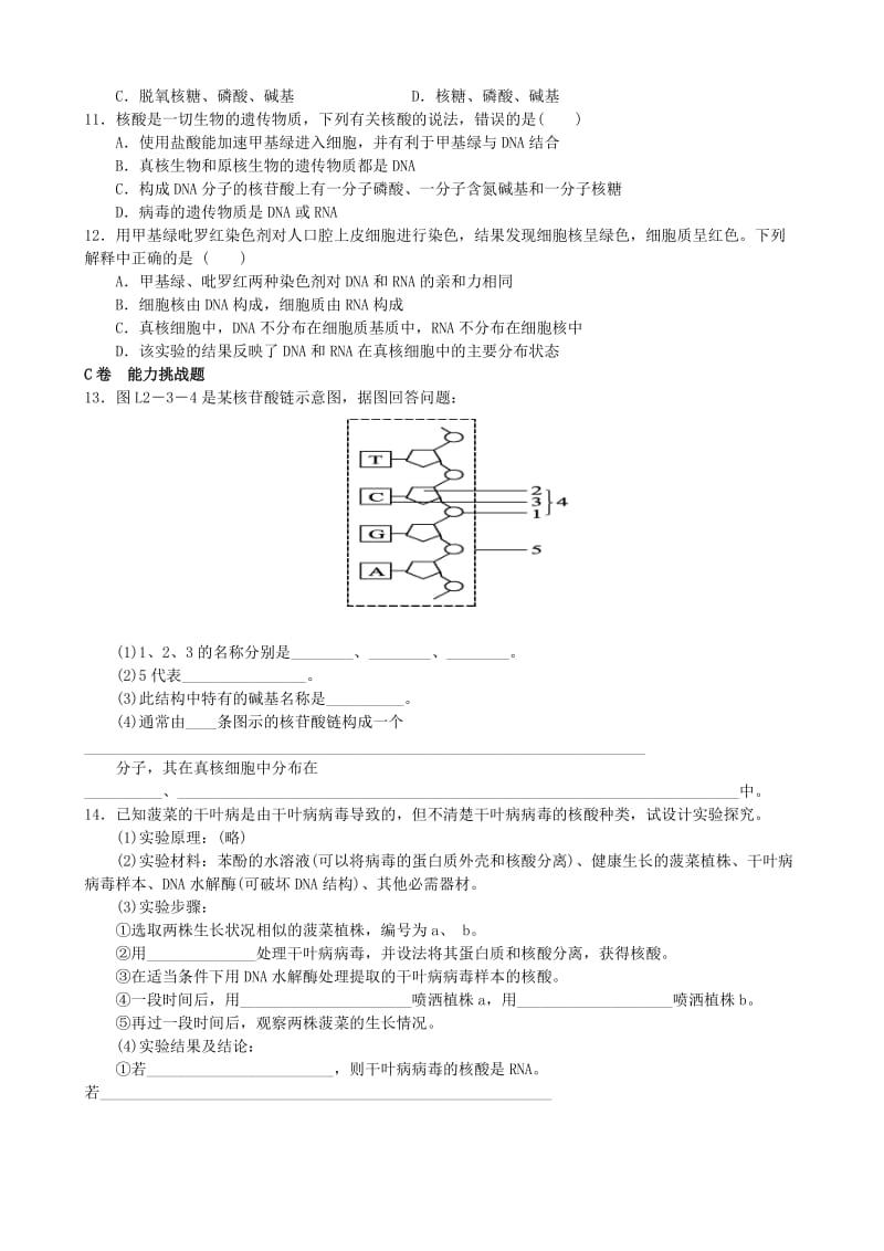 湖北省武汉市高中生物 第二章 组成细胞的分子 2.3 遗传信息的携带者——核酸限时练 新人教版必修1.doc_第2页