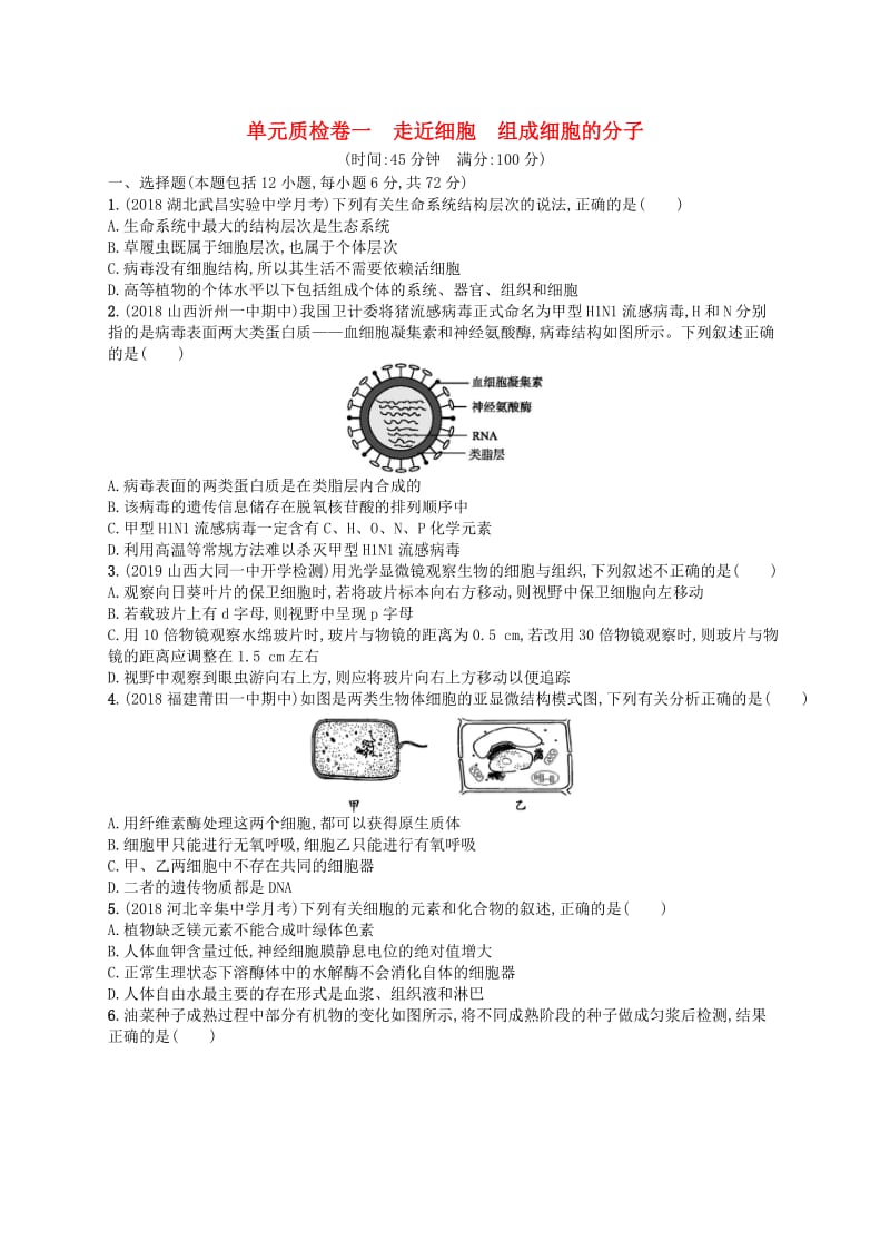 2020版高考生物大一轮复习 第1单元 走近细胞组成细胞的分子单元质检卷 新人教版.docx_第1页