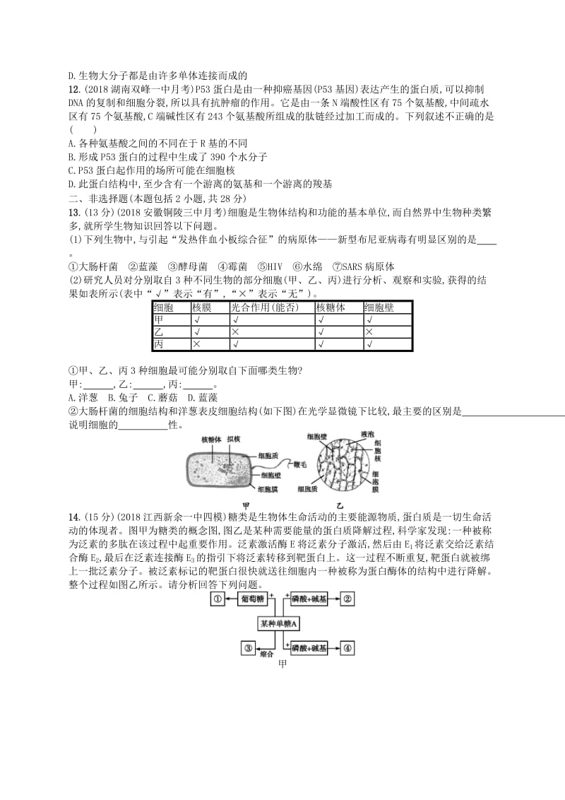 2020版高考生物大一轮复习 第1单元 走近细胞组成细胞的分子单元质检卷 新人教版.docx_第3页