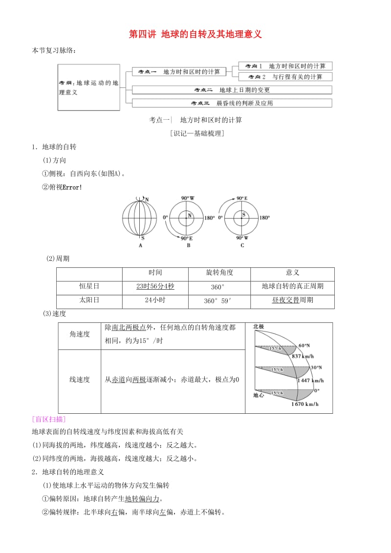 2019高考地理一轮复习 第四讲 地球的自转及其地理意义讲练结合学案.doc_第1页