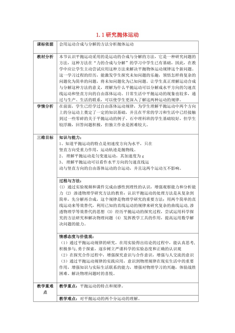 陕西省石泉县高中物理 第1章 怎样研究抛体运动 1.1 研究抛体运动教案 沪科版必修2.doc_第1页