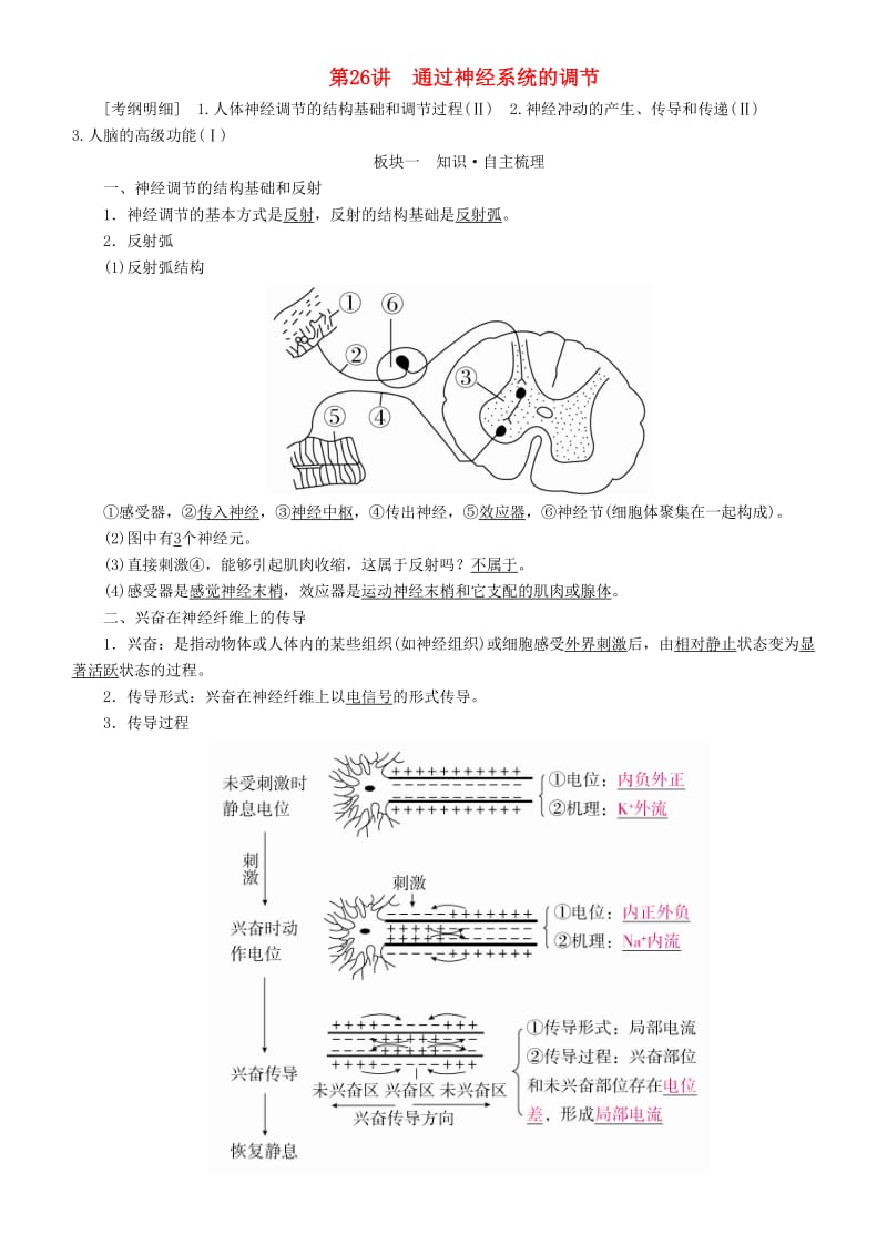 2019高考生物一轮复习 第26讲 通过神经系统的调节讲练结合学案.doc_第1页