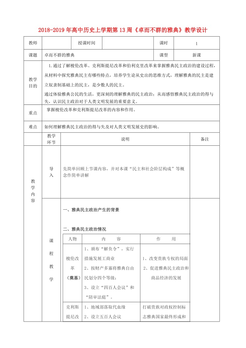 2018-2019年高中历史上学期第13周《卓而不群的雅典》教学设计.doc_第1页