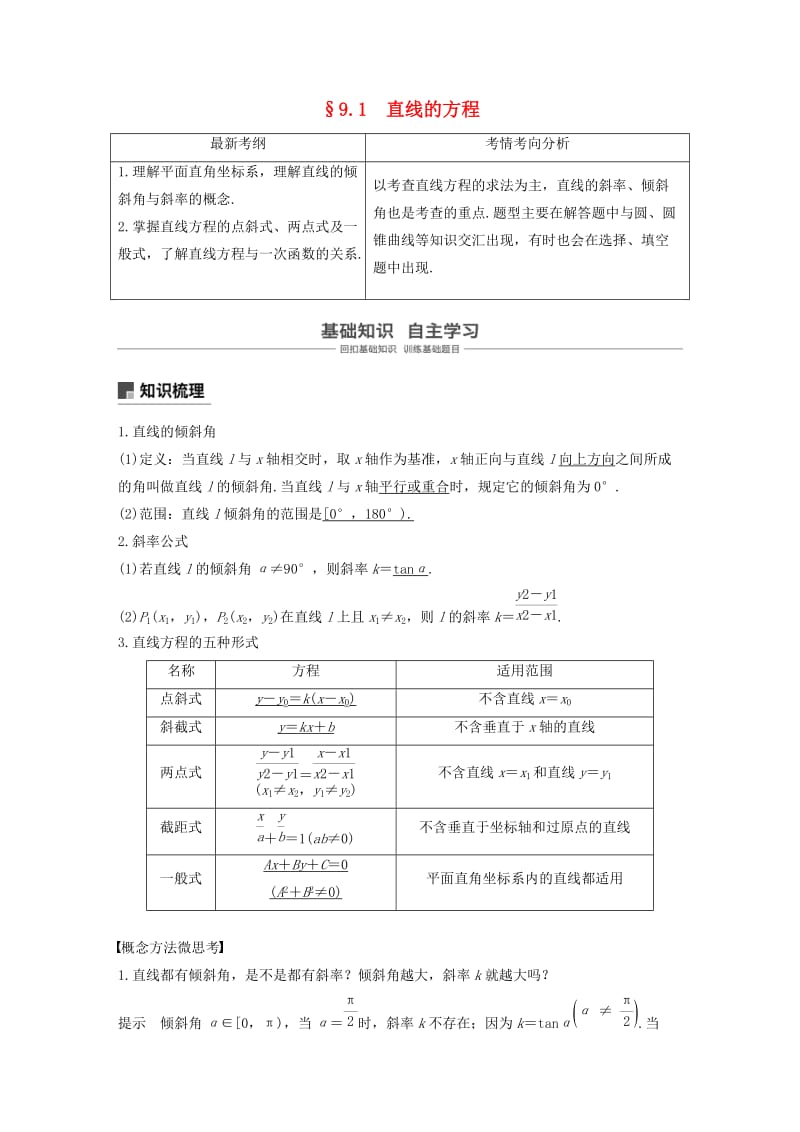 浙江专用2020版高考数学新增分大一轮复习第九章平面解析几何9.1直线的方程讲义含解析.docx_第1页