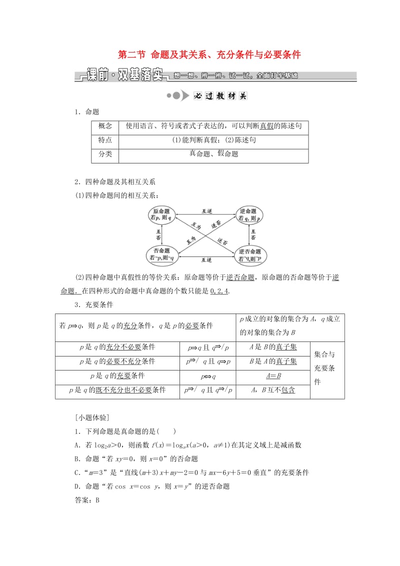 浙江专版2020版高考数学一轮复习第一章集合与常用逻辑用语第二节命题及其关系充分条件与必要条件学案含解析.doc_第1页