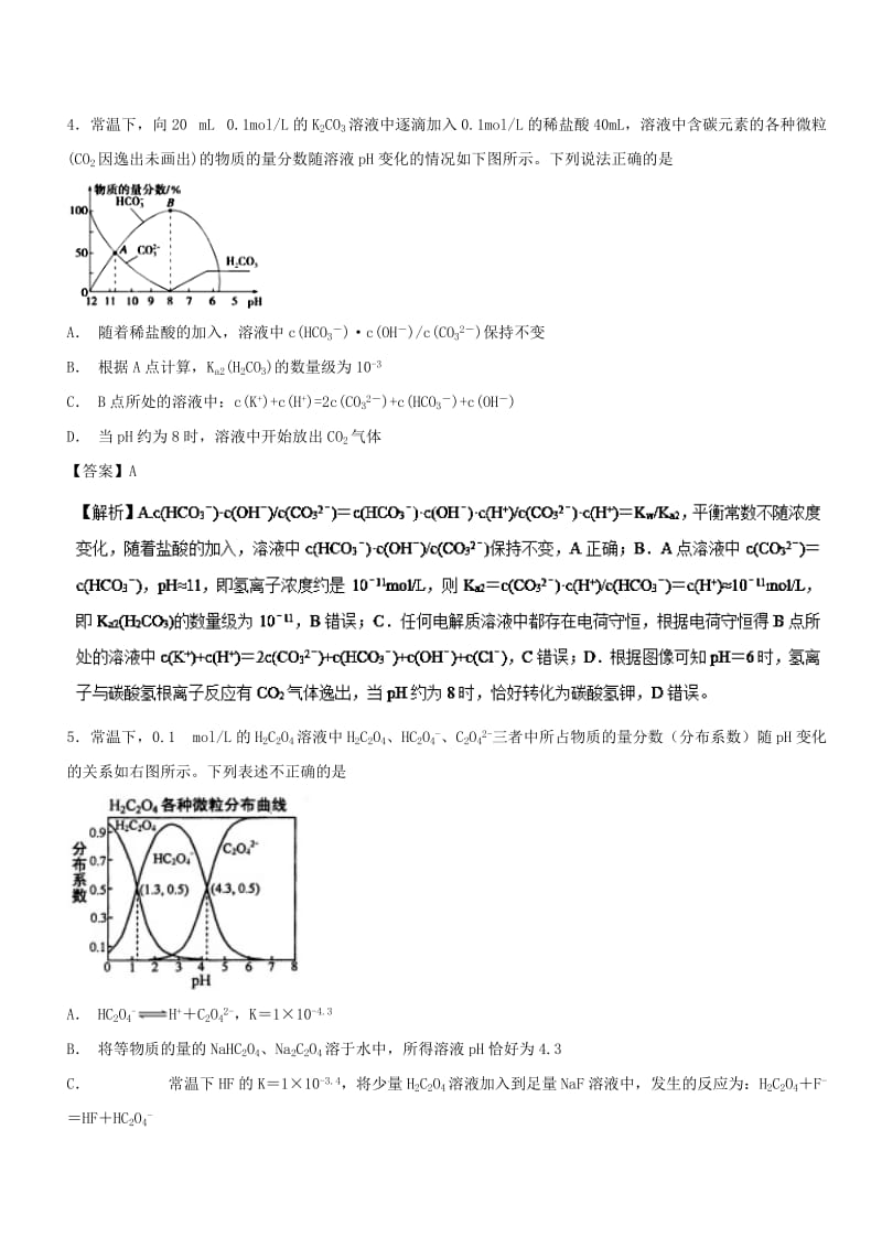 2019年高考化学 考点66 酸碱中和微粒物质的量分数曲线必刷题.doc_第3页