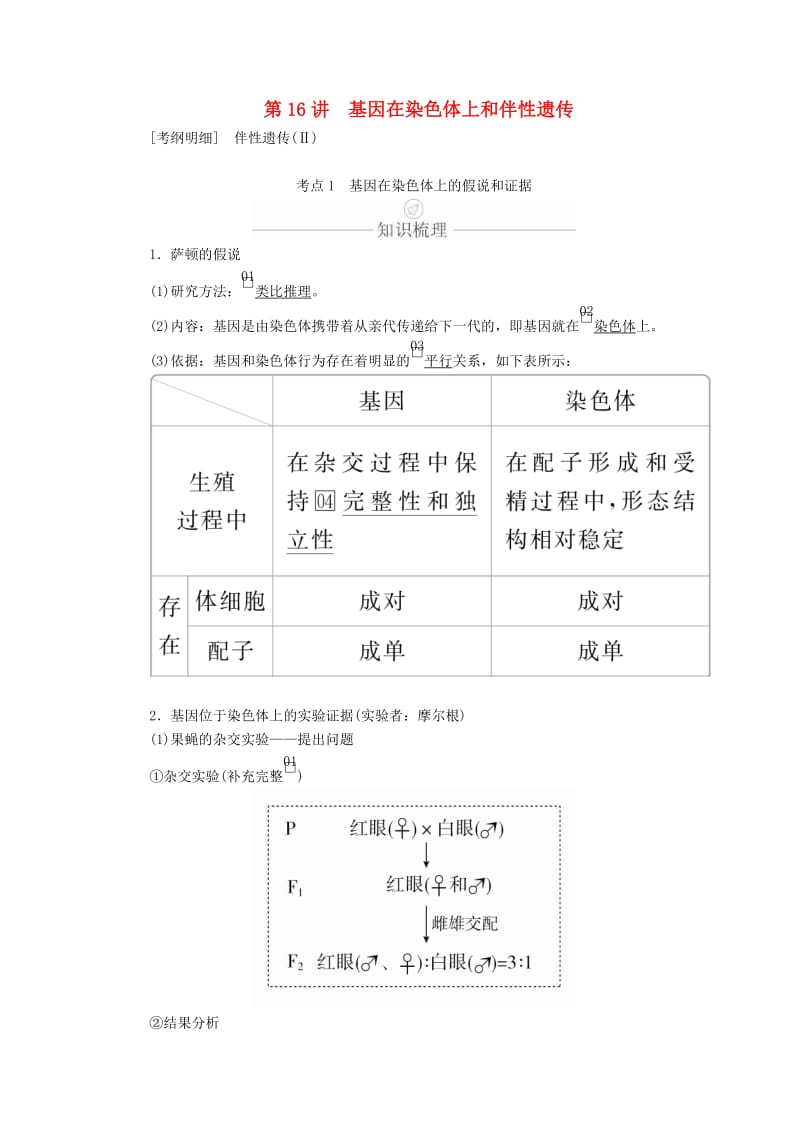 2020年高考生物一轮复习 第5单元 遗传的基本规律与伴性遗传 第16讲 基因在染色体上和伴性遗传学案（含解析）（必修2）.doc_第1页