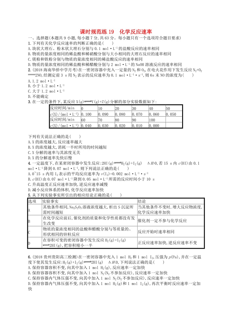 （江苏专用）2020高考化学一轮复习 课时规范练19 化学反应速率.docx_第1页