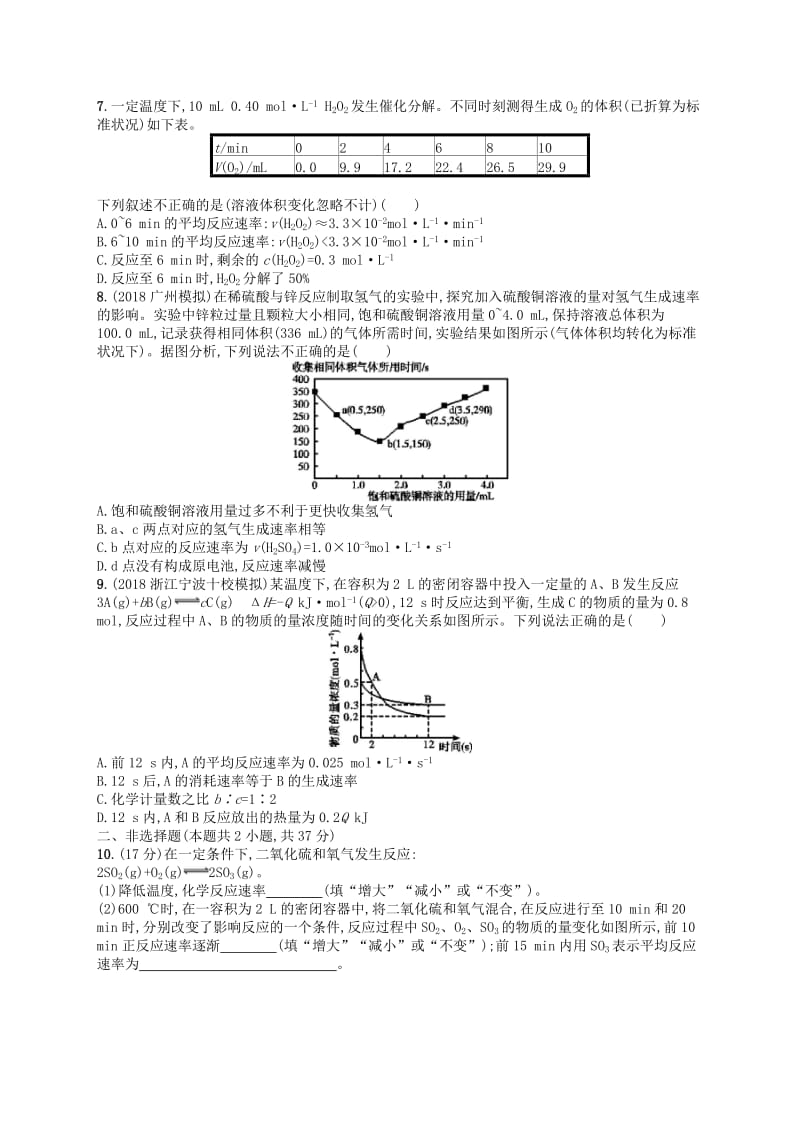 （江苏专用）2020高考化学一轮复习 课时规范练19 化学反应速率.docx_第2页