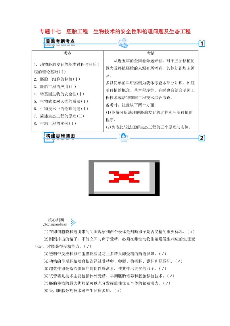 2019高考生物大二轮复习 专题十七 胚胎工程 生物技术的安全性和伦理问题及生态工程学案.doc_第1页