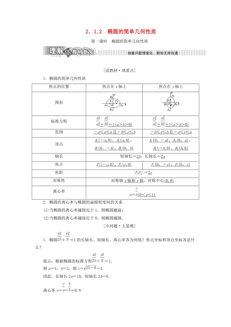 2019年高中数学 第2章 圆锥曲线与方程 2.1 椭圆 2.1.2 椭圆的简单几何性质讲义（含解析）湘教版选修2-1.doc_第1页