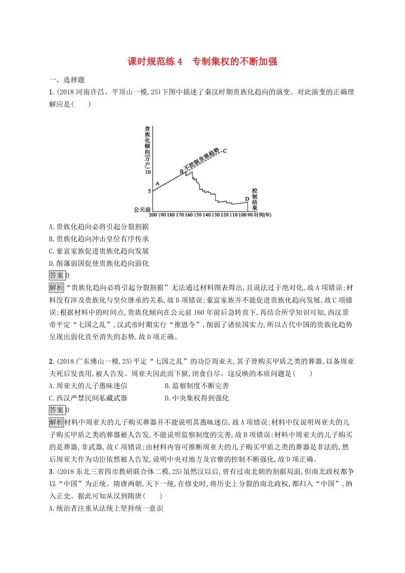 山东专用2020版高考历史大一轮复习第1单元中国古代的政治制度课时规范练4专制集权的不断加强岳麓版.doc_第1页