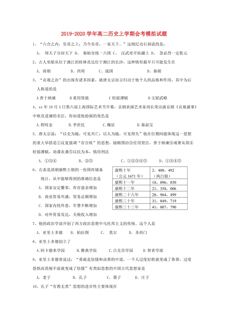 2019-2020学年高二历史上学期会考模拟试题.doc_第1页