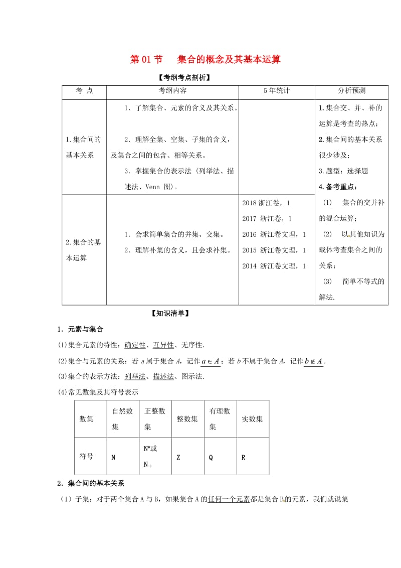 浙江专版2019年高考数学一轮复习专题1.1集合的概念及其基本运算讲.doc_第1页