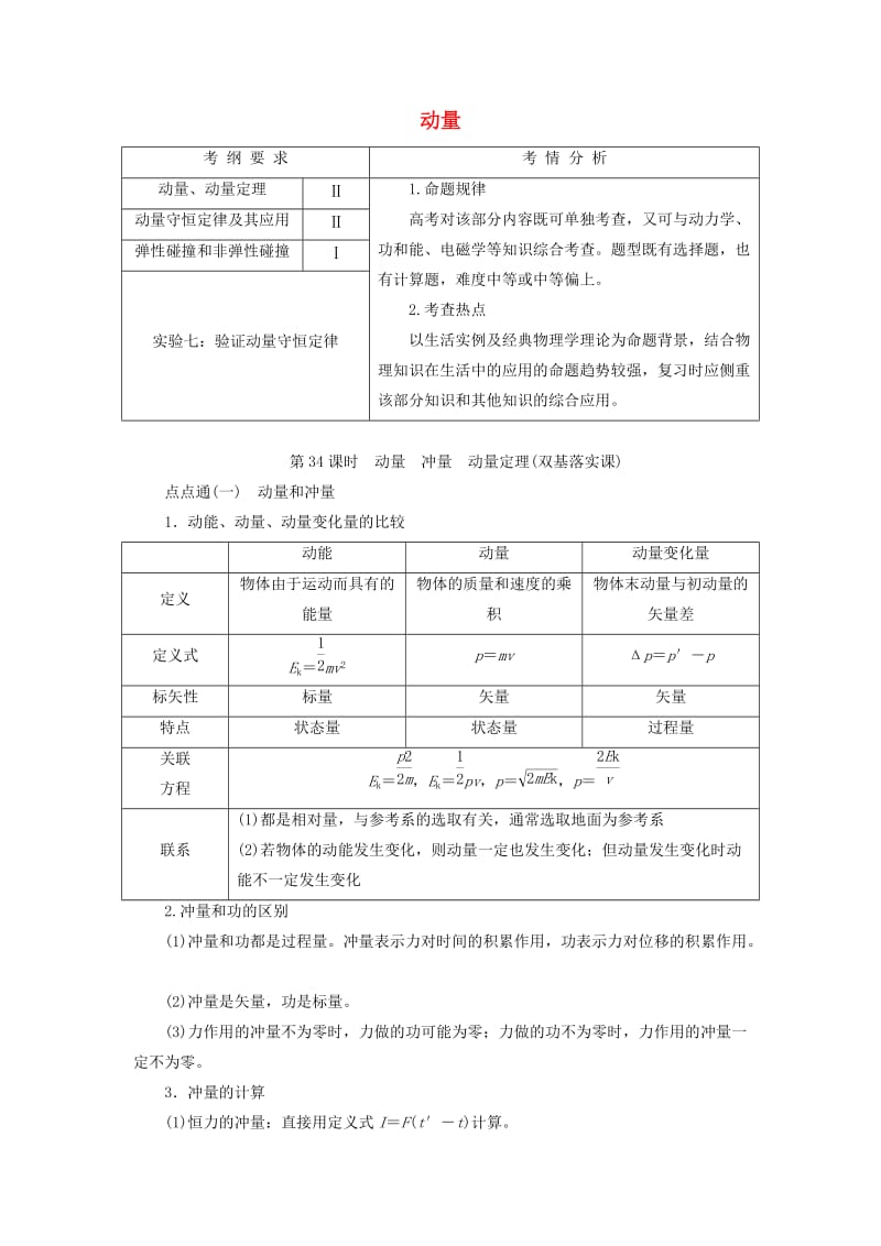 （通用版）2020版高考物理一轮复习 第六章 第34课时 动量 冲量 动量定理（双基落实课）讲义（含解析）.doc_第1页