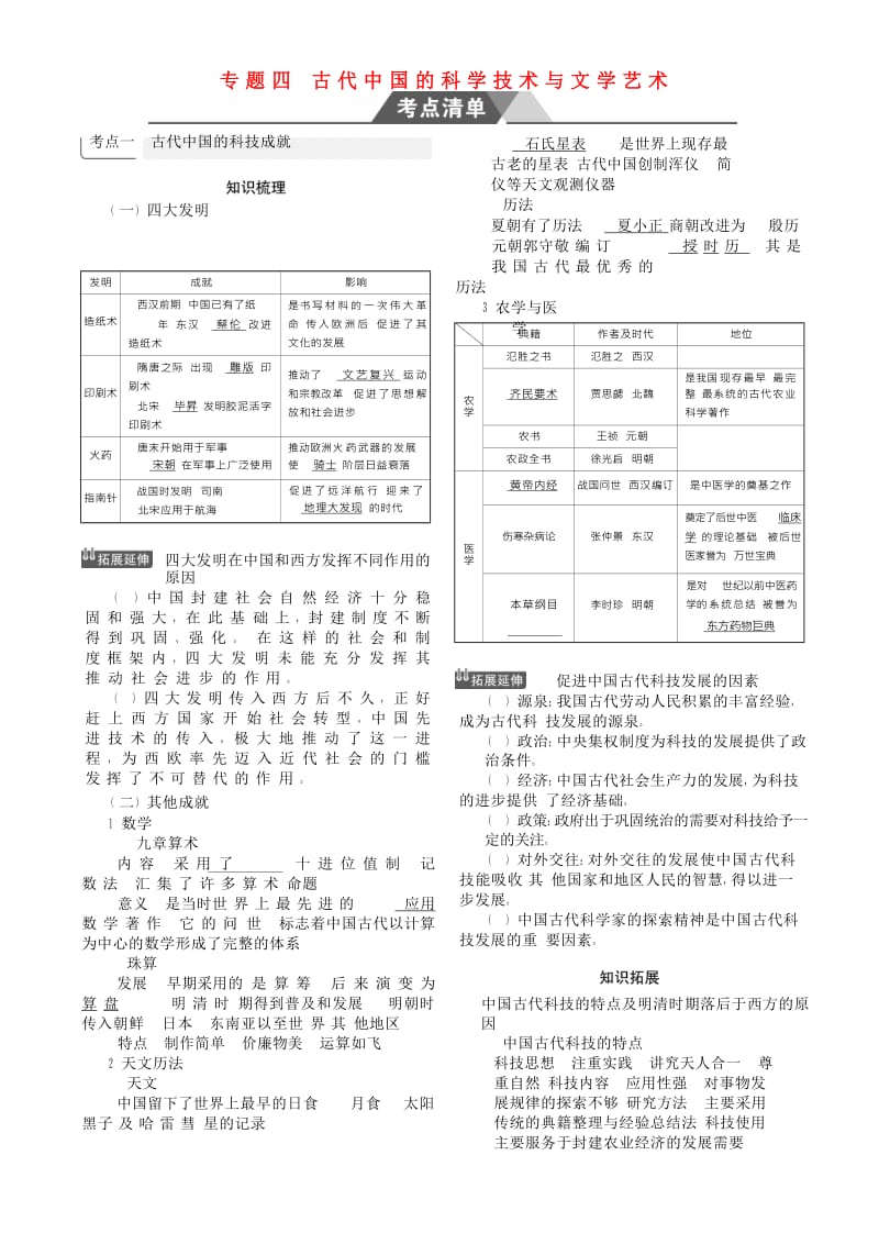 （新课标Ⅰ）2019高考历史一轮复习 专题四 古代中国的科学技术与文学艺术学案 人民版.doc_第1页