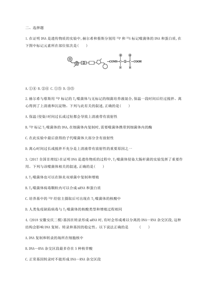 2019年高考生物二轮复习 专题能力训练7 遗传的分子基础.docx_第2页