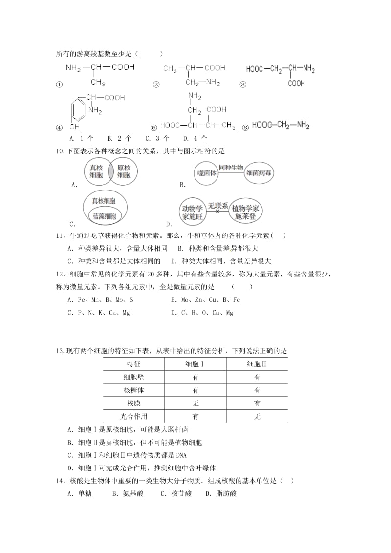 2018-2019学年高一生物上学期期中联考试题(无答案).doc_第2页