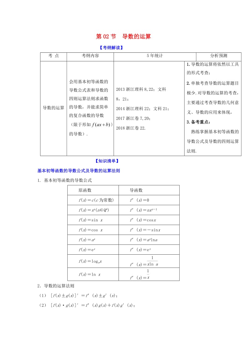 （浙江专版）2019年高考数学一轮复习 专题3.2 导数的运算（讲）.doc_第1页