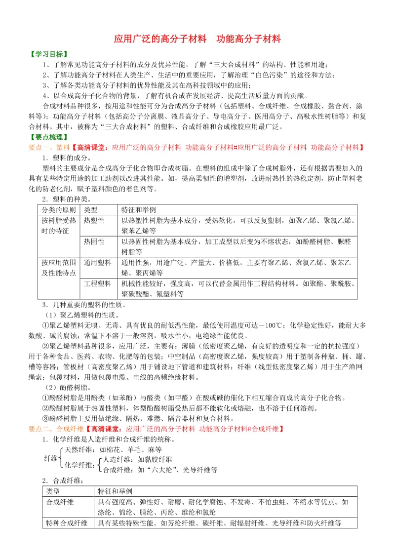 高中化学 应用广泛的高分子材料 功能高分子材料（基础）知识讲解学案 新人教版选修5.doc_第1页