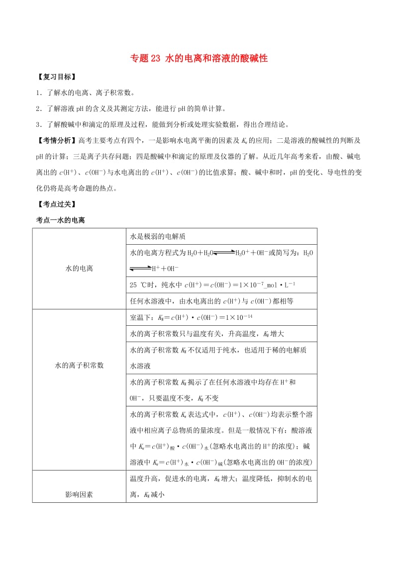 2019年高考化学一轮总复习 考点扫描 专题23 水的电离和溶液的酸碱性学案.doc_第1页