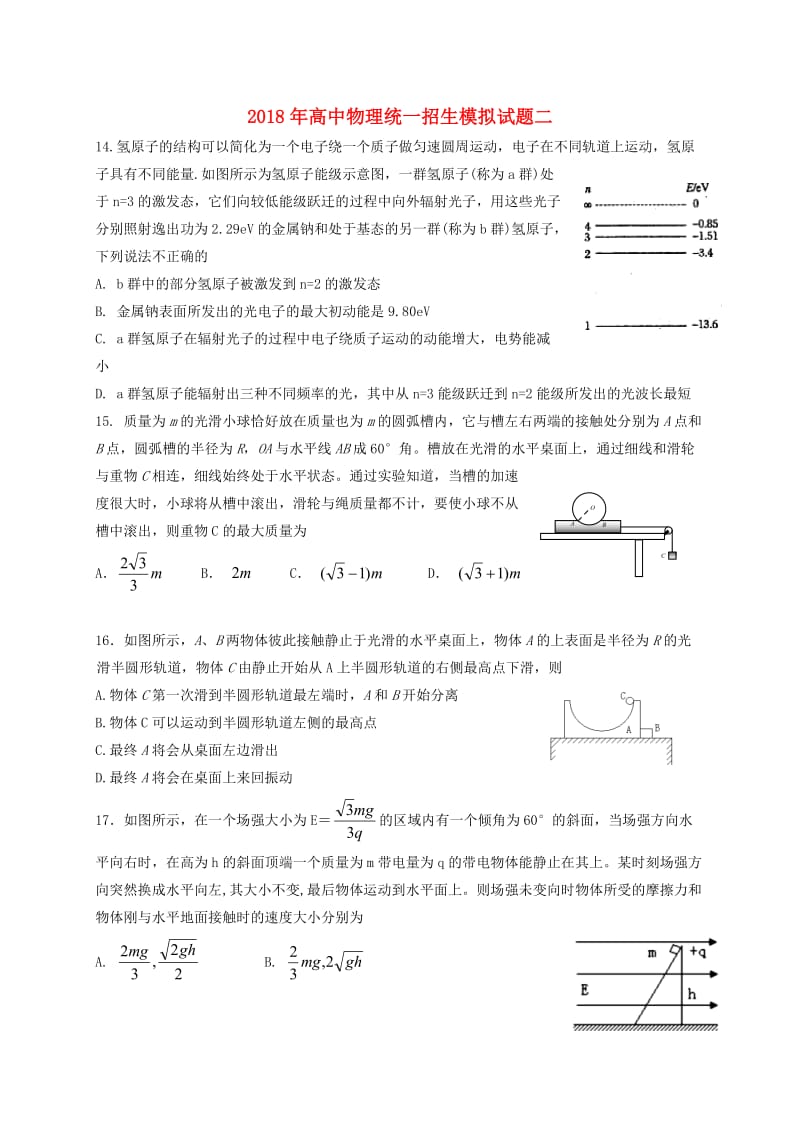 2018年高中物理统一招生模拟试题二.doc_第1页