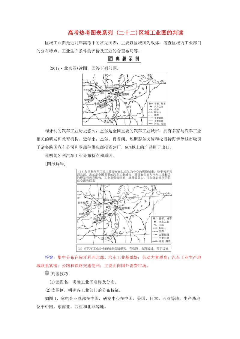 2019高考地理一轮复习 第二部分 第十单元 工业地域的形成与发展 高考热考图表系列（二十二）区域工业图的判读学案.doc_第1页