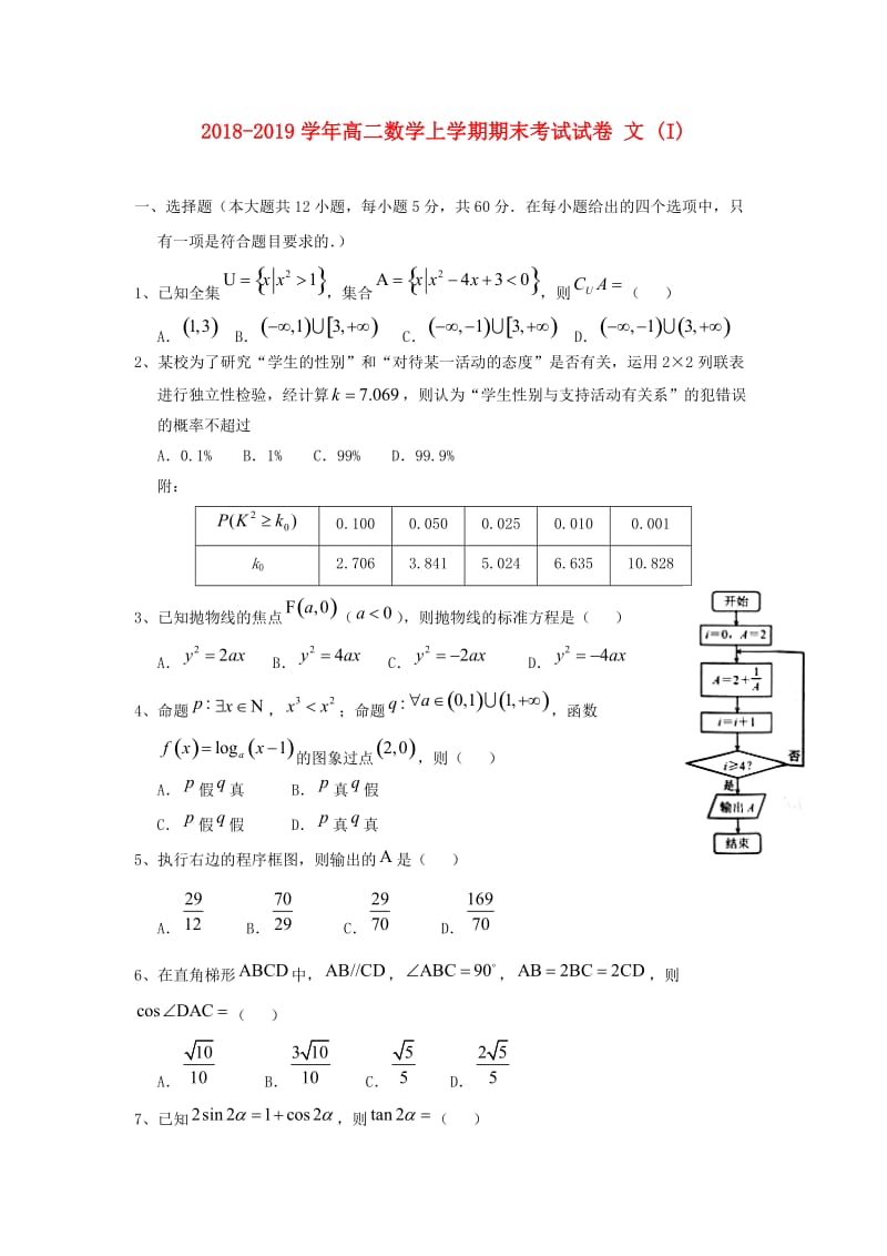 2018-2019学年高二数学上学期期末考试试卷 文 (I).doc_第1页