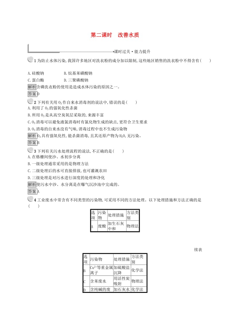 高中化学 第四章 保护生存环境 4.2.2 改善水质同步配套练习 新人教版选修1 .doc_第1页