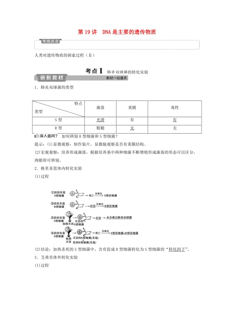 2019届高考生物一轮复习 第六单元 遗传的物质基础 第19讲 DNA是主要的遗传物质学案.doc_第1页