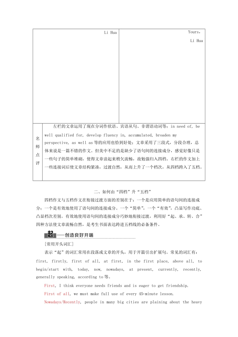 通用版2019高考英语二轮复习第四板块书面表达7步成文第五步靓词佳句升级完衔接顺畅“修一番”讲义.doc_第2页