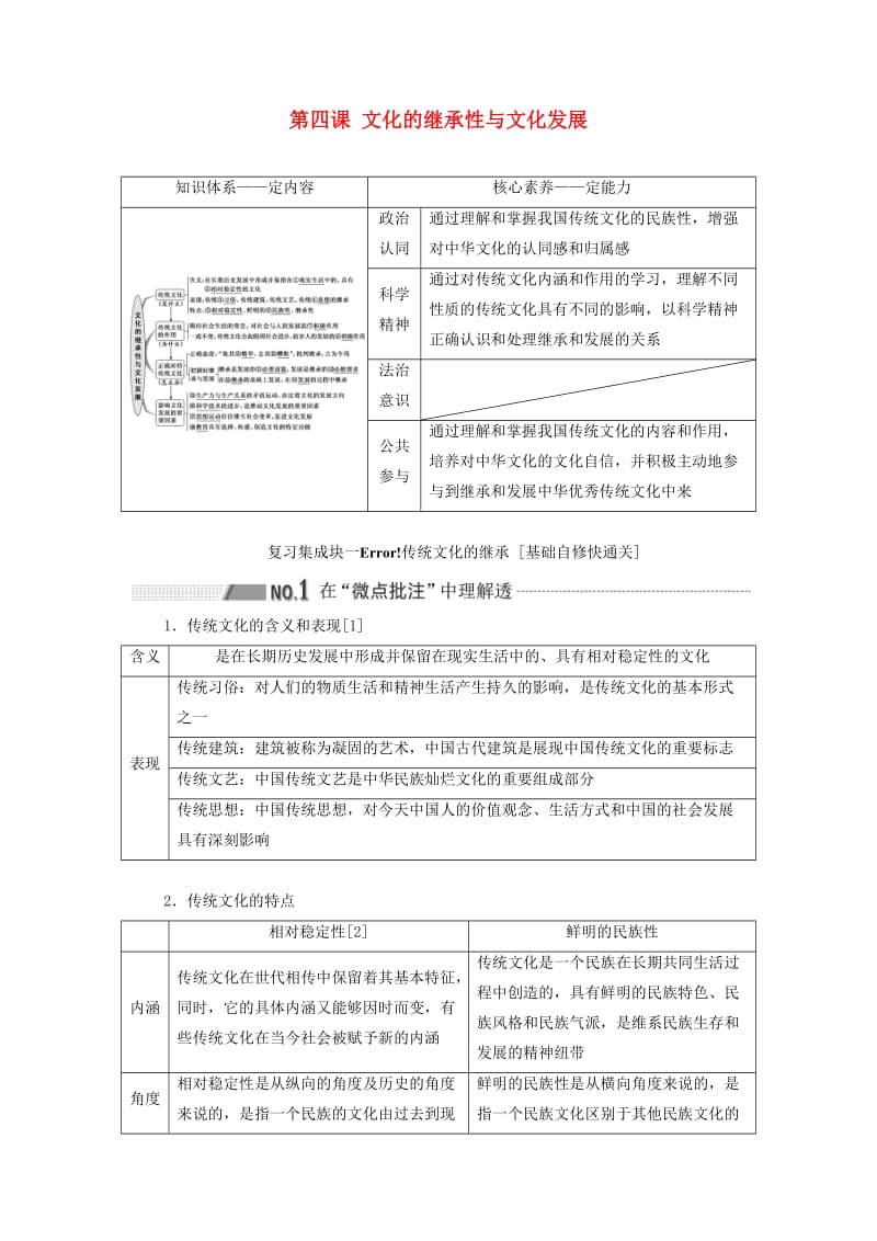 （通用版 ）2020版高考政治新设计一轮复习 第三模块 文化生活 第二单元 文化传承与创新 第四课 文化的继承性与文化发展讲义.doc_第1页