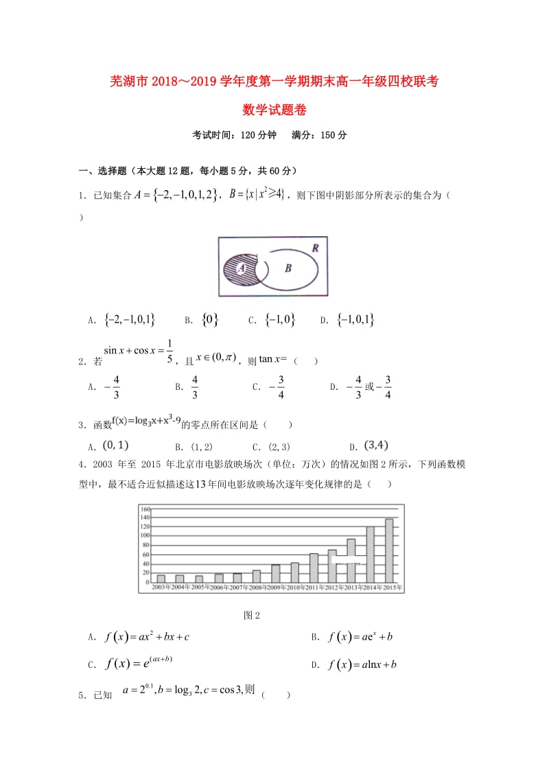 安徽省芜湖市四校联考2018-2019学年高一数学上学期期末考试试题.doc_第1页