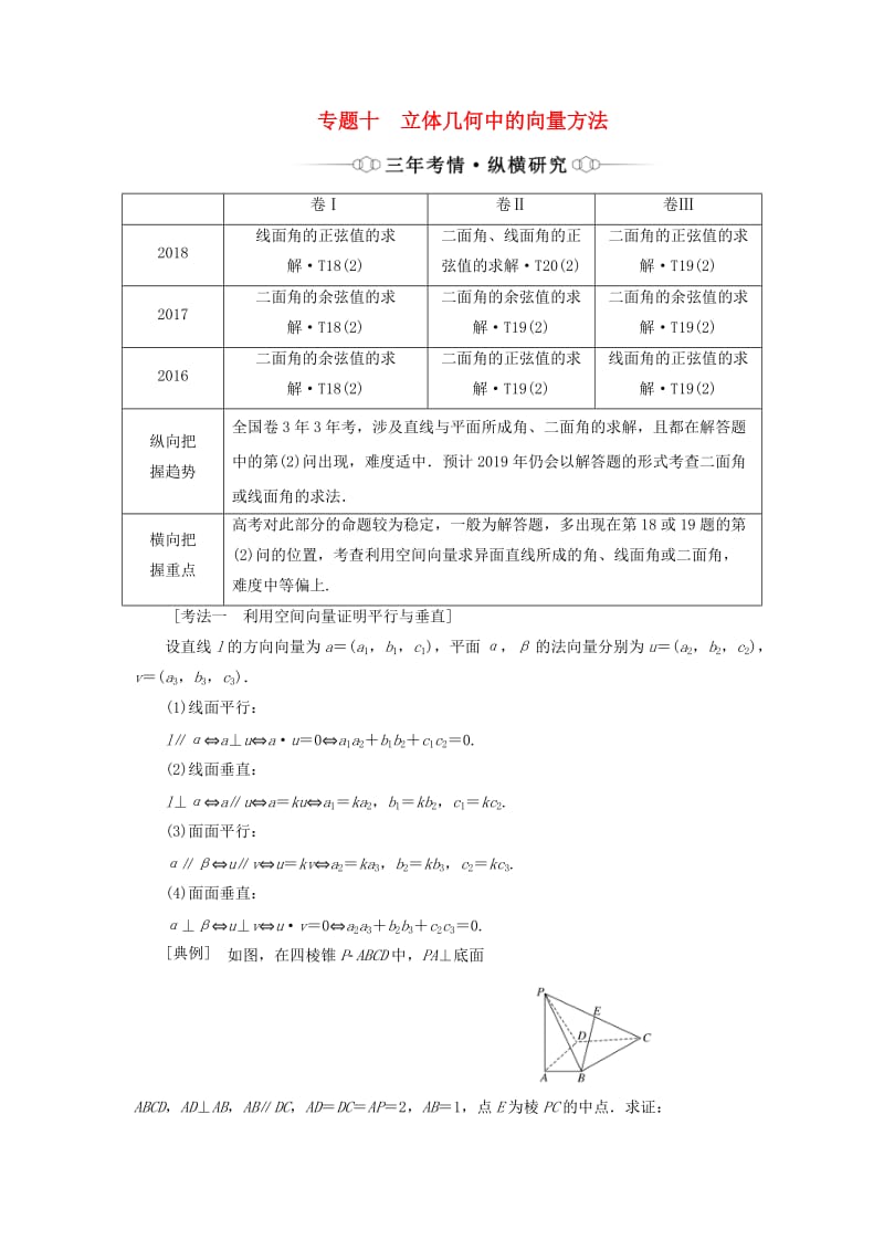 （通用版）2019版高考数学二轮复习 第一部分 专题十 立体几何中的向量方法讲义 理（重点生含解析）.doc_第1页