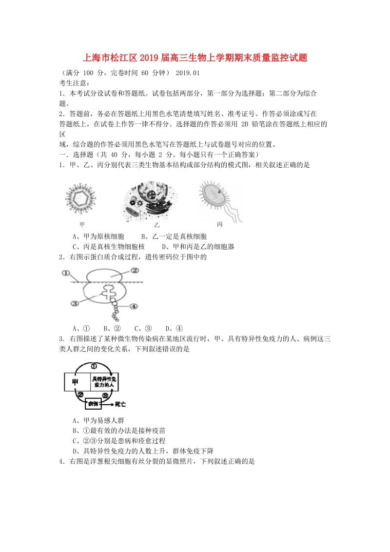 上海市松江区2019届高三生物上学期期末质量监控试题.doc_第1页