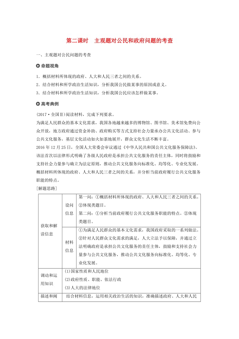 京津琼2019高考政治二轮复习专题五公民权利与政府职责第二课时主观题对公民和政府问题的考查学案.doc_第1页