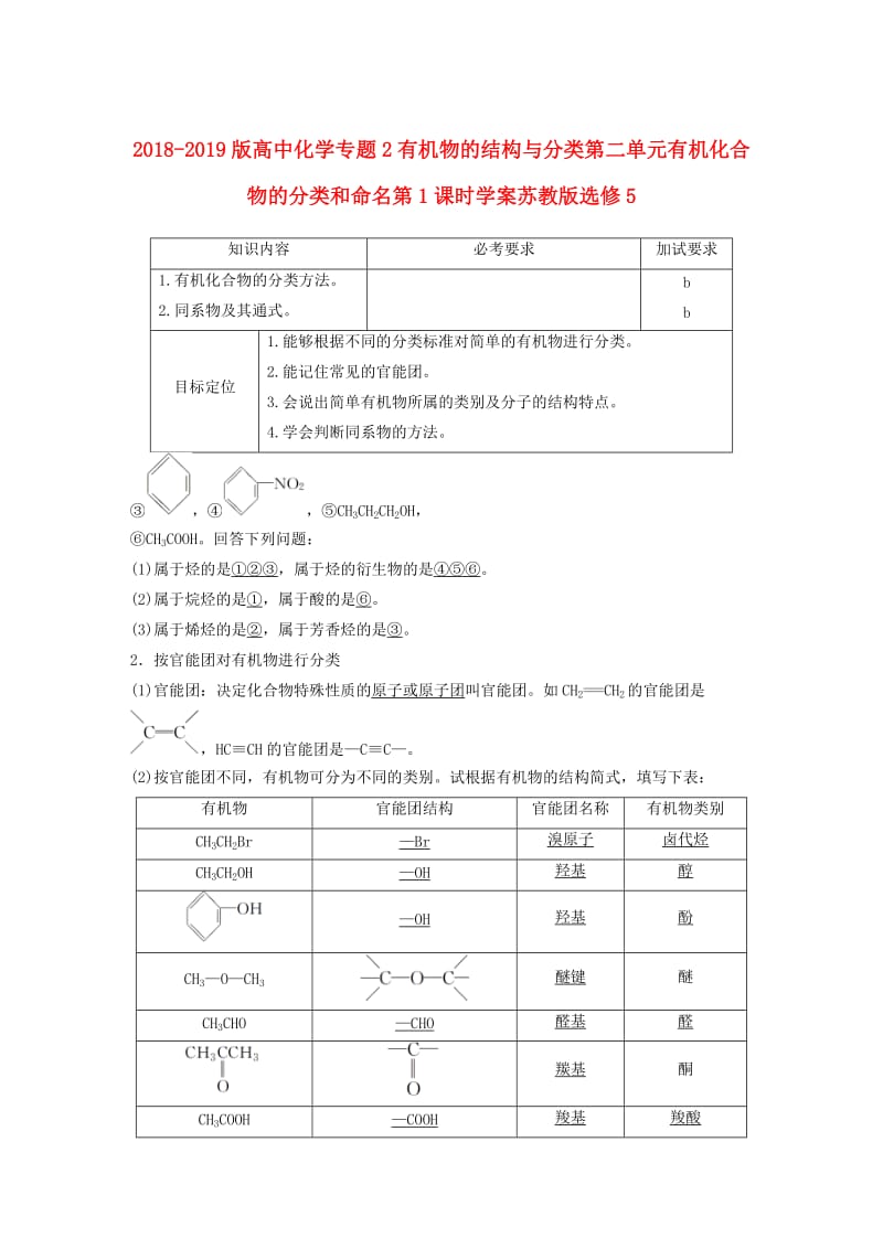 2018-2019版高中化学专题2有机物的结构与分类第二单元有机化合物的分类和命名第1课时学案苏教版选修5 .doc_第1页