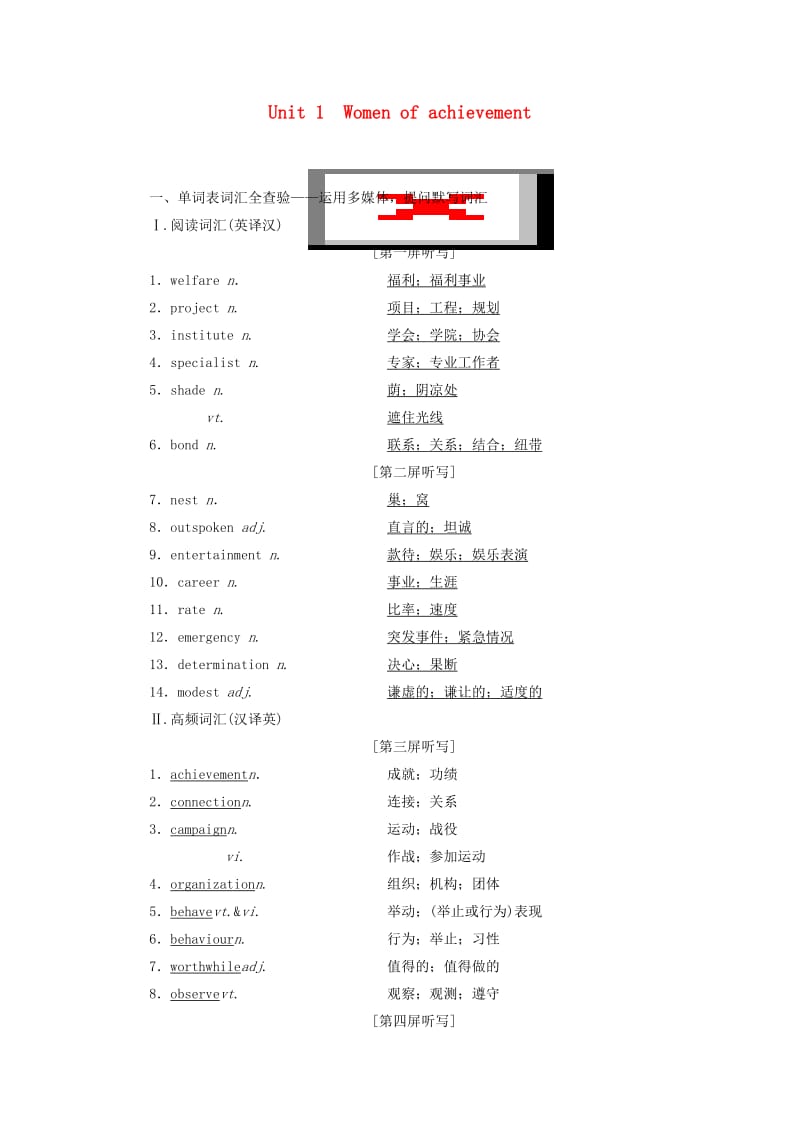 浙江专版2020版高考英语一轮复习Unit1Womenofachievement讲义新人教版必修4 .doc_第1页